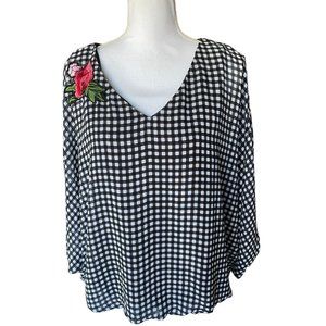 Coco Bianco Black and White Checkered Blouse with Pink Floral Accent